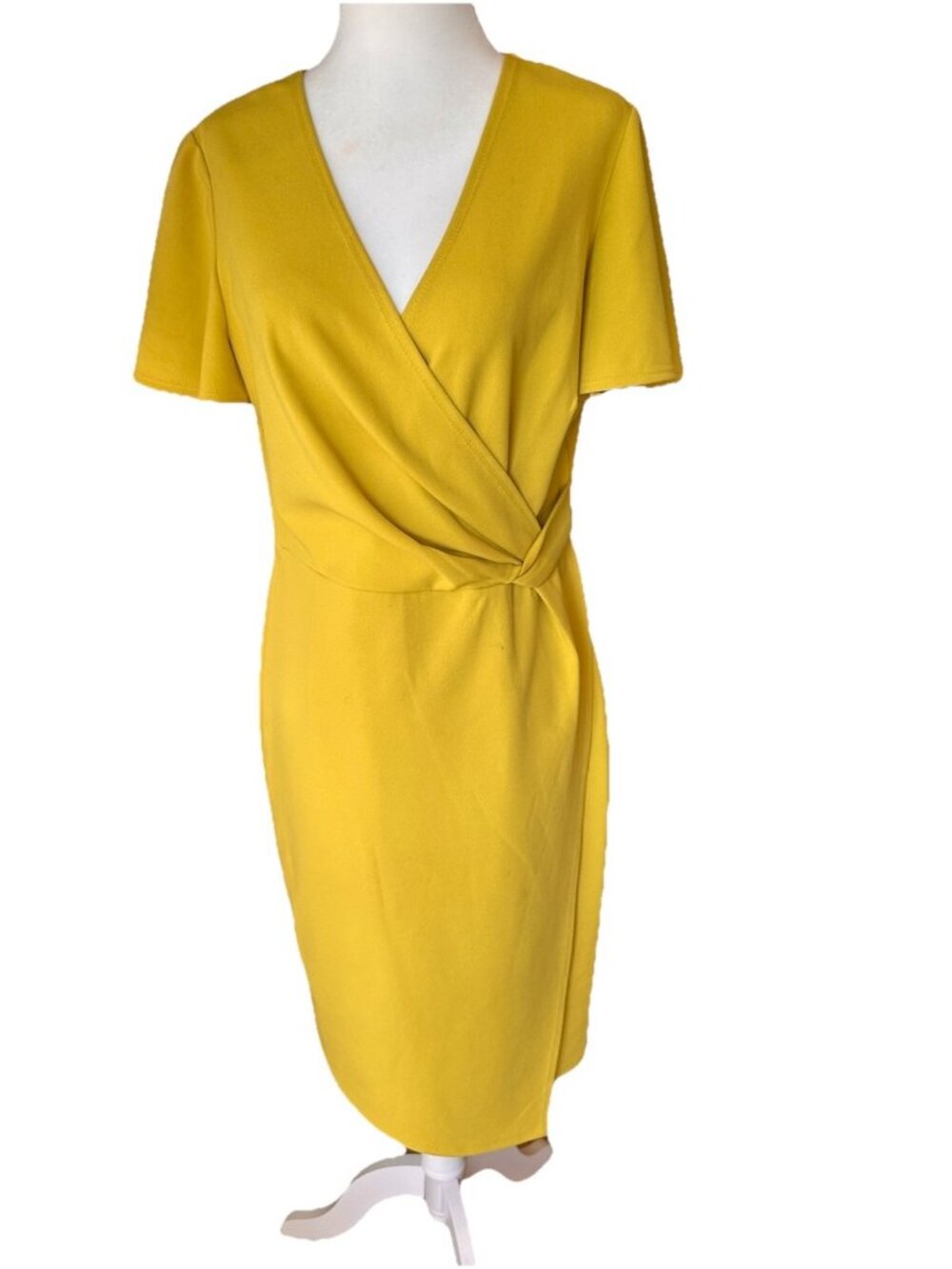 Glamour Gold Yellow Structured Faux Wrap Flutter Sleeve Size 8 Dress